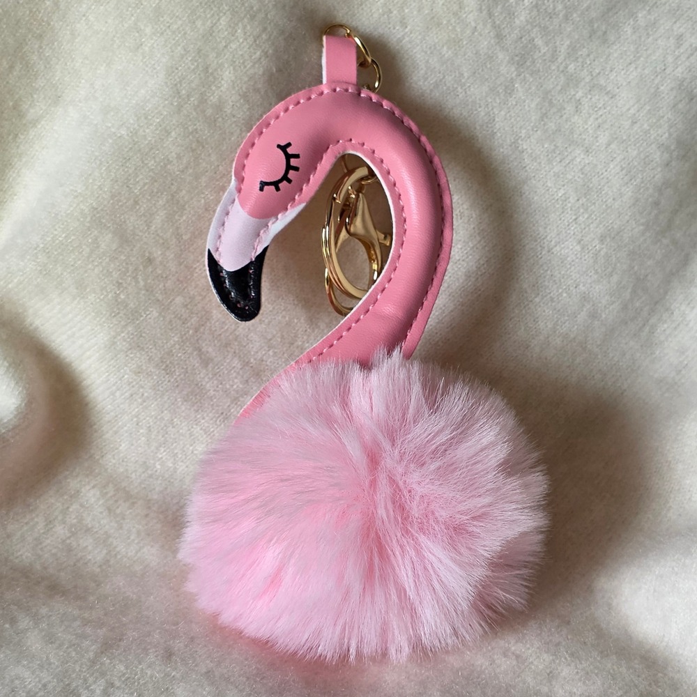 Pink Flamingo Pom Pom Keychain Bag Charm Faux Leather Gold Tone Clasp Accessory - Picture 2 of 4